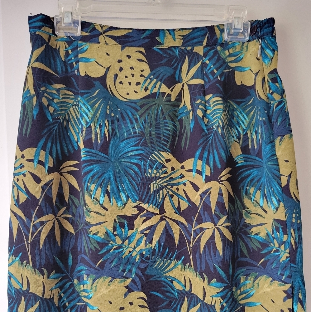 Vintage High Waist Maxi Skirt Floral Tropical Blue Green - Picture 2 of 8